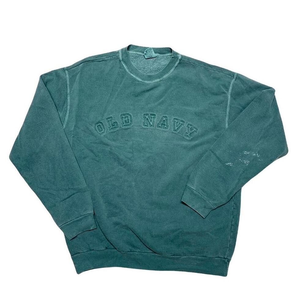 Old Navy Vintage 90s USA Made Spellout Logo Over Dye Green Crew Neck Sweatshirt